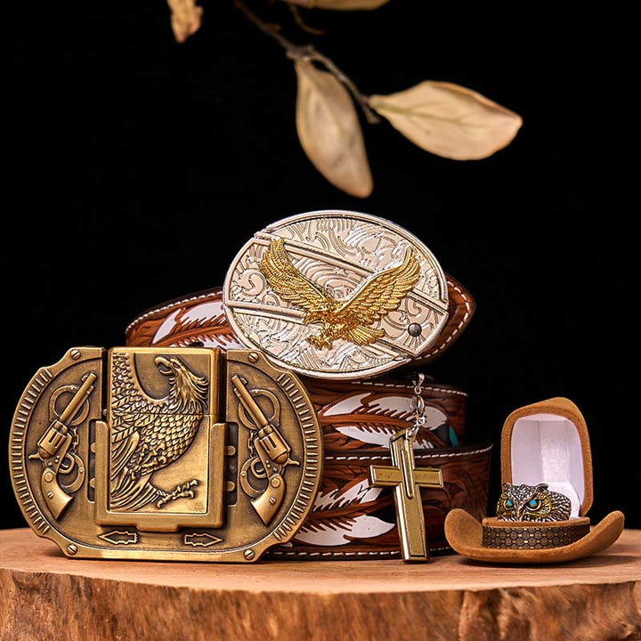 Flying Eagle DIY Hidden Knife Belt Buckle With Owl Ring Bundle Set - Flying Eagle - Brown Feather Belt - 40 - image 8