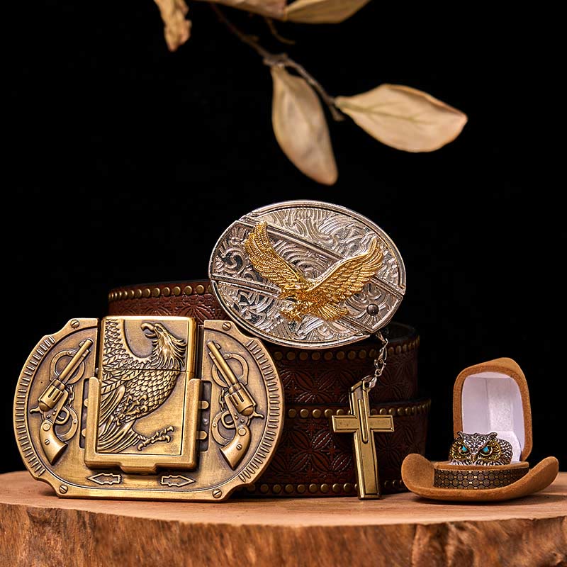Flying Eagle DIY Hidden Knife Belt Buckle With Owl Ring Bundle Set - Flying Eagle - Brown Rivet Belt - 42 - image 5