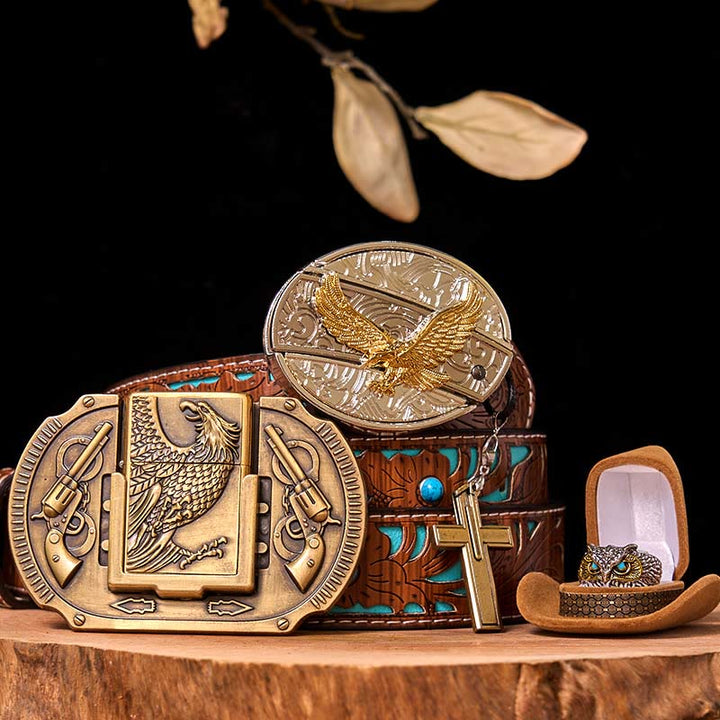 Flying Eagle DIY Hidden Knife Belt Buckle With Owl Ring Bundle Set - Flying Eagle - Turquoise Carved Belt - 42 - image 4