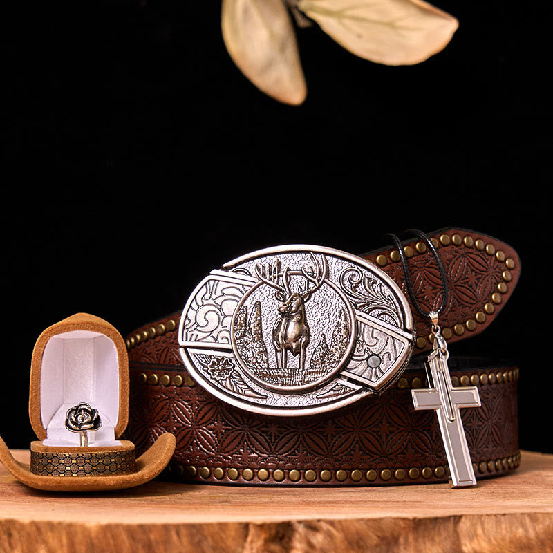 Forest Deer DIY Hidden Knife Belt Buckle With Rose Ring Bundle Set - Forest Deer - Brown Rivet Belt - 42 - image 6