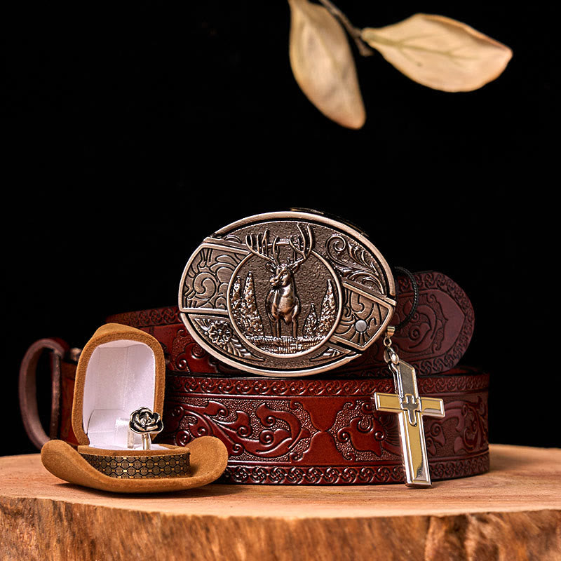Forest Deer DIY Hidden Knife Belt Buckle With Rose Ring Bundle Set - Forest Deer - Brown Carved Belt - 42 - image 8