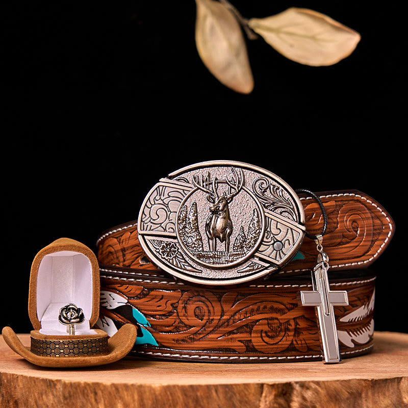 Forest Deer DIY Hidden Knife Belt Buckle With Rose Ring Bundle Set - Forest Deer - Brown Feather Belt - 40 - image 0