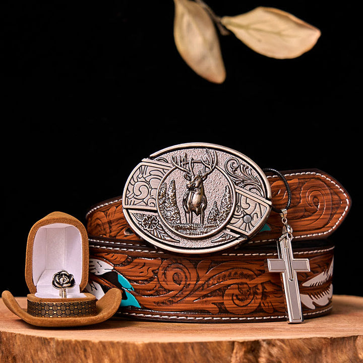 Forest Deer DIY Hidden Knife Belt Buckle With Rose Ring Bundle Set - Forest Deer - Brown Feather Belt - 40 - image 0