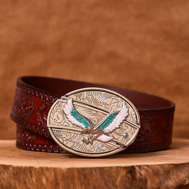 Men's DIY Blue & White Flying Eagle Hidden Folding Knife Leather Belt - Colored Eagle - Brown Carved Belt - 42 - image 7