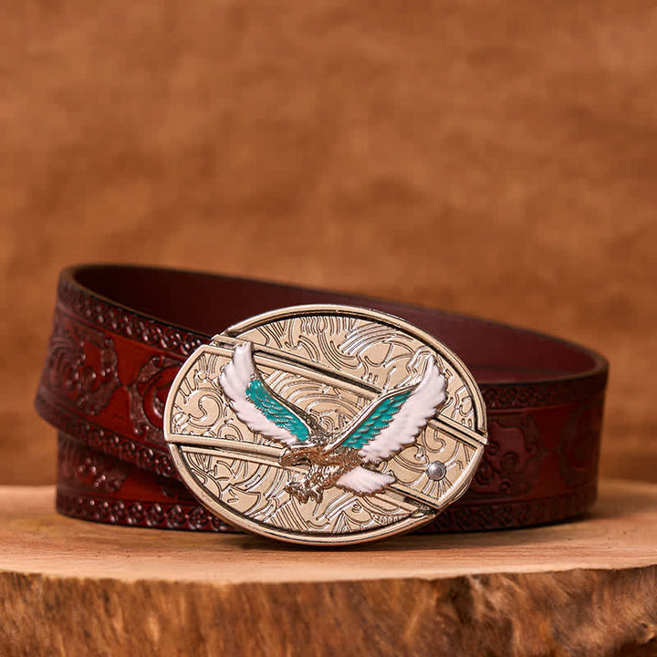Men's DIY Blue & White Flying Eagle Hidden Folding Knife Leather Belt - Colored Eagle - Brown Carved Belt - 42 - image 7