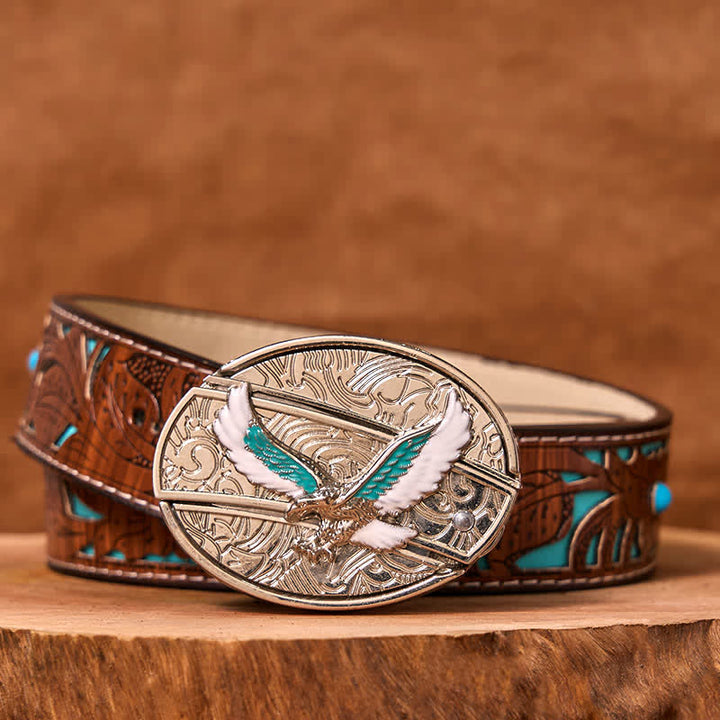Men's DIY Blue & White Flying Eagle Hidden Folding Knife Leather Belt - Colored Eagle - Turquoise Carved Belt - 42 - image 4