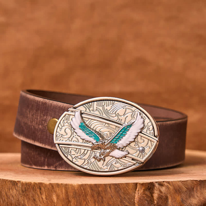Men's DIY Blue & White Flying Eagle Hidden Folding Knife Leather Belt - Colored Eagle - Brown Distressed Belt - 42 - image 6