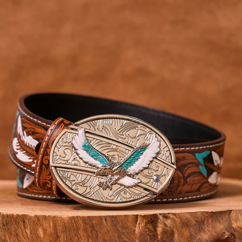Men's DIY Blue & White Flying Eagle Hidden Folding Knife Leather Belt - Colored Eagle - Brown Feather Belt - 40 - image 8
