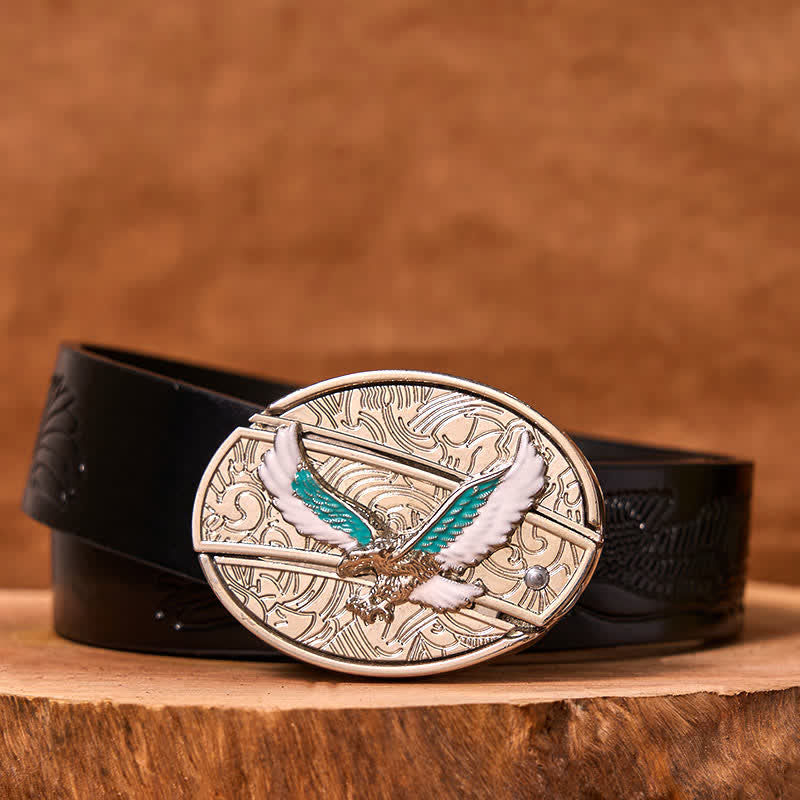 Men's DIY Blue & White Flying Eagle Hidden Folding Knife Leather Belt - Colored Eagle - Black Embossed Eagle Belt - 42 - image 3