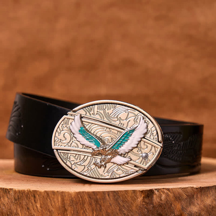 Men's DIY Blue & White Flying Eagle Hidden Folding Knife Leather Belt - Colored Eagle - Black Embossed Eagle Belt - 42 - image 3