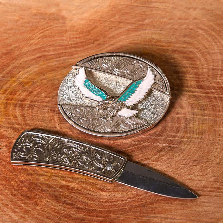 Men's DIY Blue & White Flying Eagle Hidden Folding Knife Leather Belt - image 2