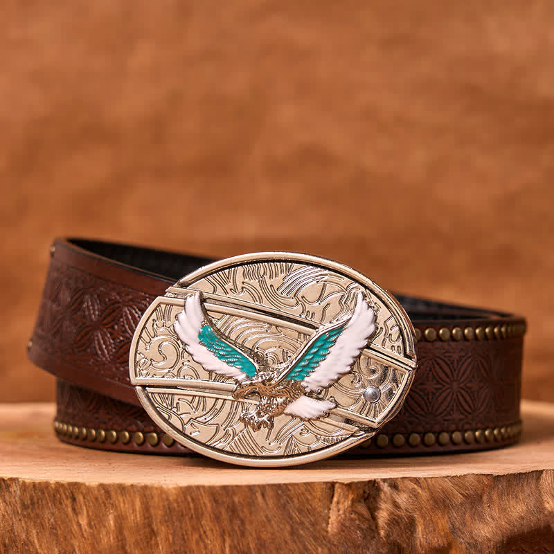 Men's DIY Blue & White Flying Eagle Hidden Folding Knife Leather Belt - Colored Eagle - Brown Rivet Belt - 42 - image 5
