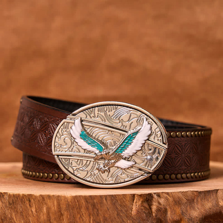 Men's DIY Blue & White Flying Eagle Hidden Folding Knife Leather Belt - Colored Eagle - Brown Rivet Belt - 42 - image 5