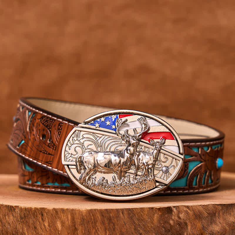 Men's DIY Enameled USA Flag & Deer Hidden Folding Knife Leather Belt (Pre-Sale) - Colored Eagle - Turquoise Carved Belt - 42 - image 4