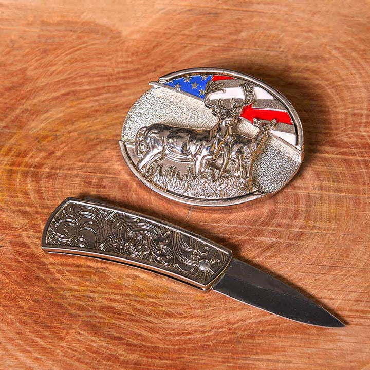 Men's DIY Enameled USA Flag & Deer Hidden Folding Knife Leather Belt (Pre-Sale)