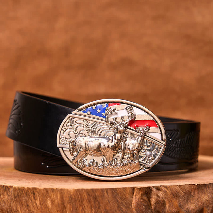 Men's DIY Enameled USA Flag & Deer Hidden Folding Knife Leather Belt (Pre-Sale) - Colored Eagle - Black Embossed Eagle Belt - 42 - image 3