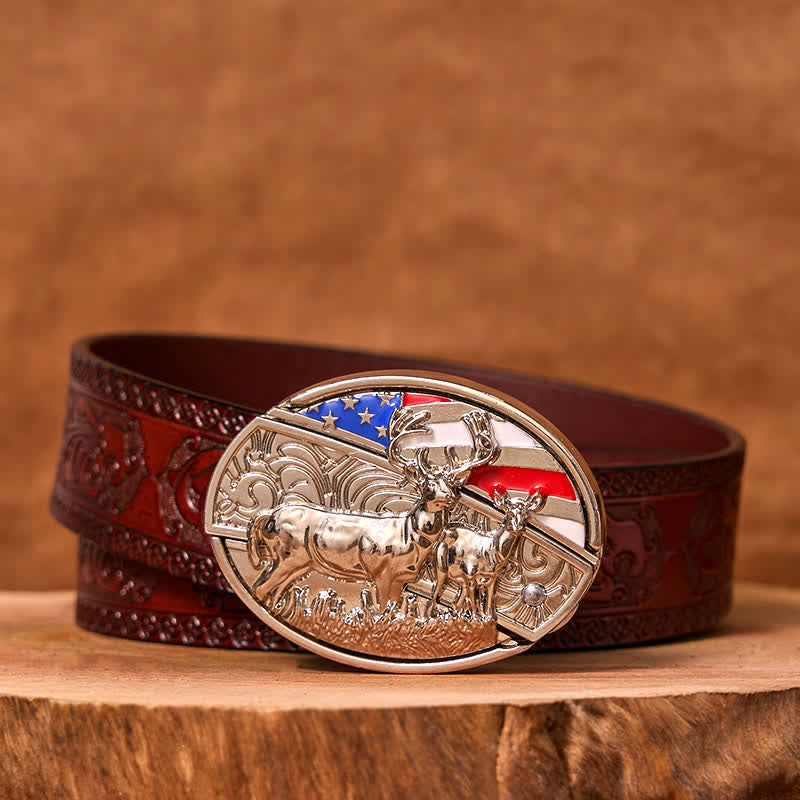 Men's DIY Enameled USA Flag & Deer Hidden Folding Knife Leather Belt (Pre-Sale)
