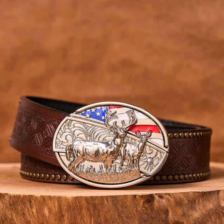 Men's DIY Enameled USA Flag & Deer Hidden Folding Knife Leather Belt (Pre-Sale) - Colored Eagle - Brown Rivet Belt - 42 - image 5