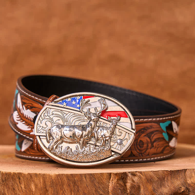 Men's DIY Enameled USA Flag & Deer Hidden Folding Knife Leather Belt (Pre-Sale) - Colored Eagle - Brown Feather Belt - 40 - image 8
