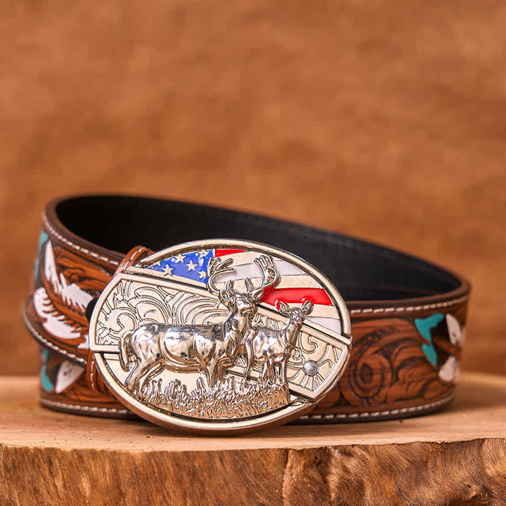 Men's DIY Enameled USA Flag & Deer Hidden Folding Knife Leather Belt (Pre-Sale) - Colored Eagle - Brown Feather Belt - 40 - image 8