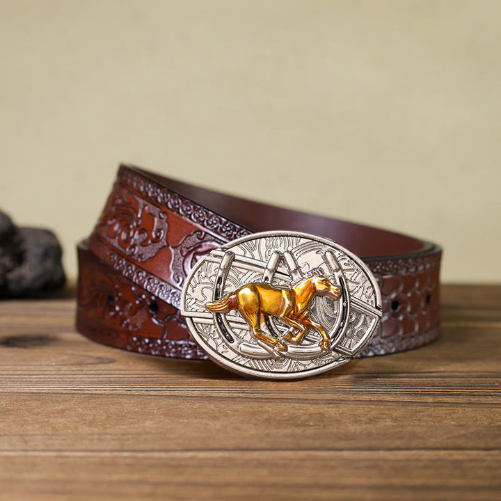 U Shaped Horse DIY Hidden Knife Western Buckle Leather Belt  - Brown Carved Belt - 42 - image 7