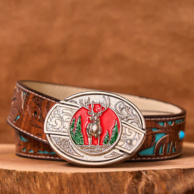 Men's DIY Colored Mountain Elk Hidden Folding Knife Leather Belt (Pre-Sale) - Colored Elk - Turquoise Carved Belt - 42 - image 4