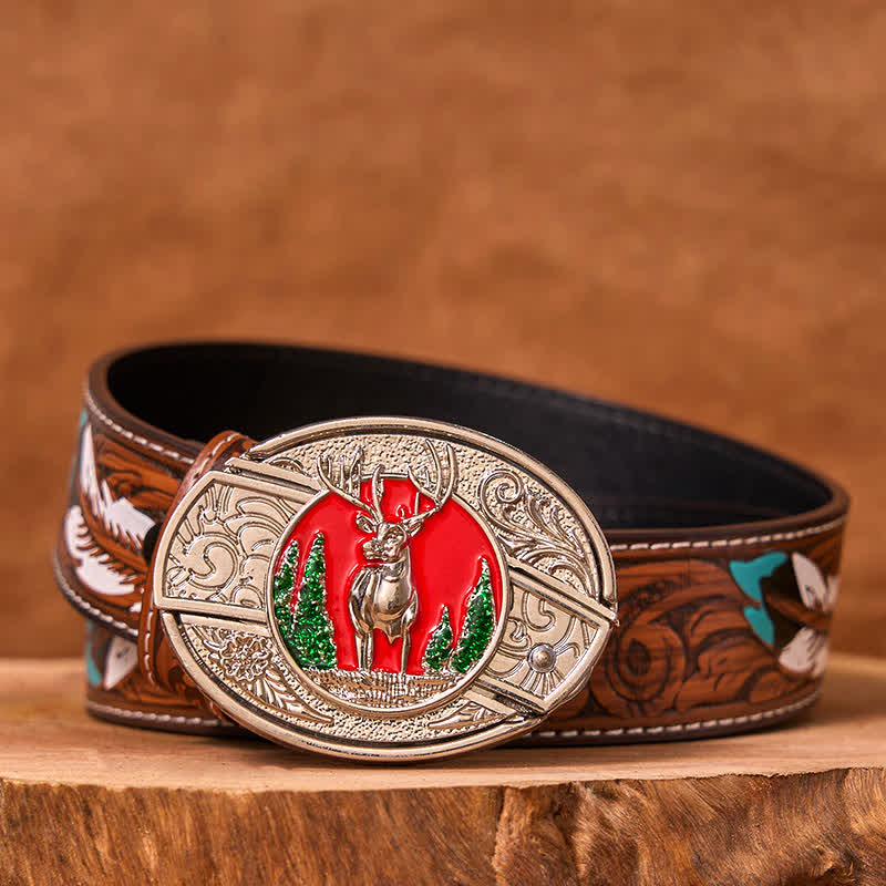 Men's DIY Colored Mountain Elk Hidden Folding Knife Leather Belt (Pre-Sale) - Colored Elk - Brown Feather Belt - 40 - image 8