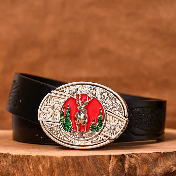Men's DIY Colored Mountain Elk Hidden Folding Knife Leather Belt (Pre-Sale) - Colored Elk - Black Embossed Eagle Belt - 42 - image 3