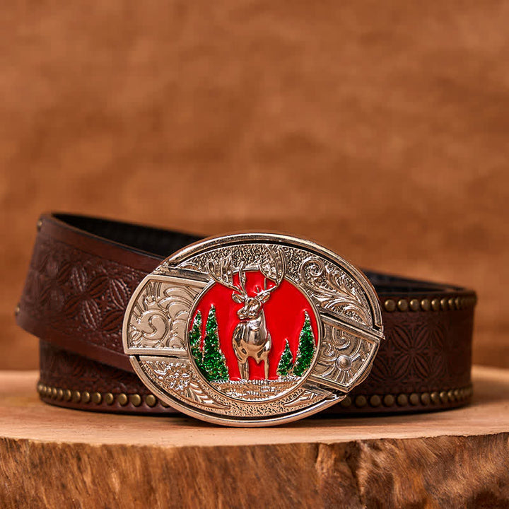 Men's DIY Colored Mountain Elk Hidden Folding Knife Leather Belt (Pre-Sale) - Colored Elk - Brown Rivet Belt - 42 - image 5