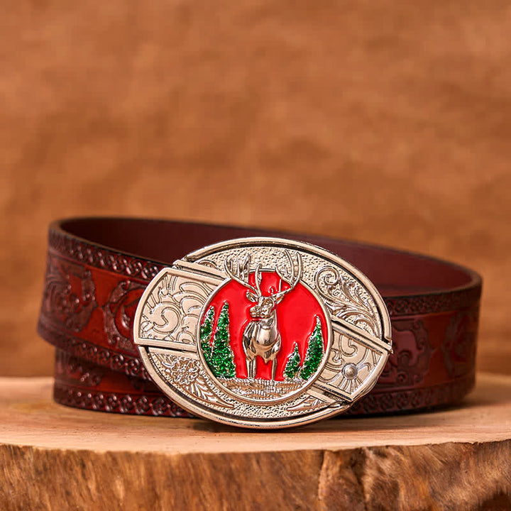 Men's DIY Colored Mountain Elk Hidden Folding Knife Leather Belt (Pre-Sale) - Colored Elk - Brown Carved Belt - 42 - image 7