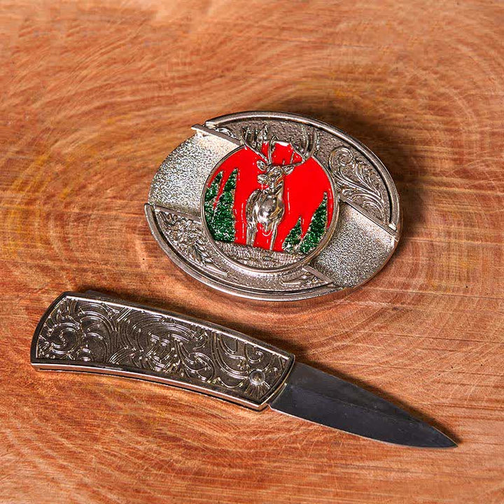 Men's DIY Colored Mountain Elk Hidden Folding Knife Leather Belt (Pre-Sale)