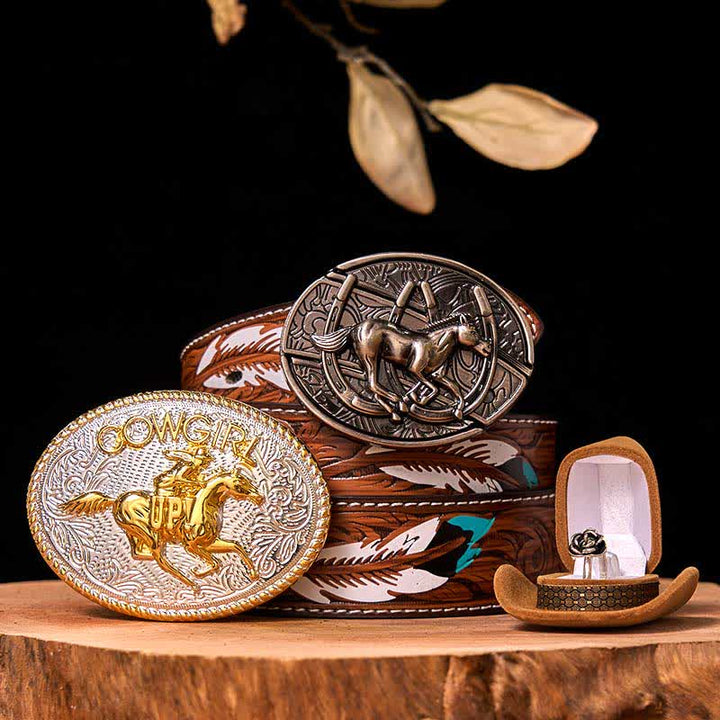 Cowgirl DIY Running Horse Hidden Knife Belt Buckle Twist Rose Ring Bundle Set - Running Horse - Brown Feather Belt - 40 - image 0