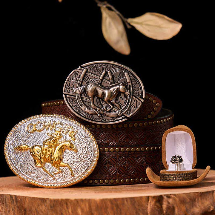 Cowgirl DIY Running Horse Hidden Knife Belt Buckle Twist Rose Ring Bundle Set - Running Horse - Brown Rivet Belt - 42 - image 6