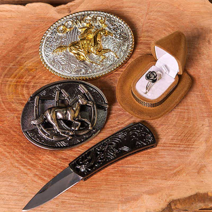 Cowgirl DIY Running Horse Hidden Knife Belt Buckle Twist Rose Ring Bundle Set - image 2