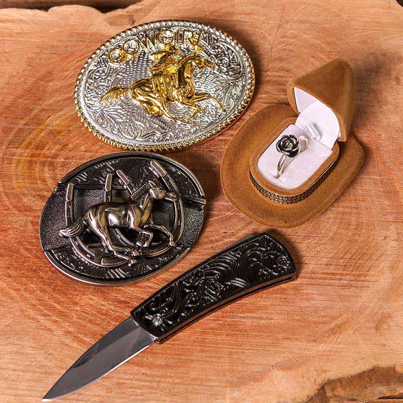 Cowgirl DIY Running Horse Hidden Knife Belt Buckle Twist Rose Ring Bundle Set - image 2