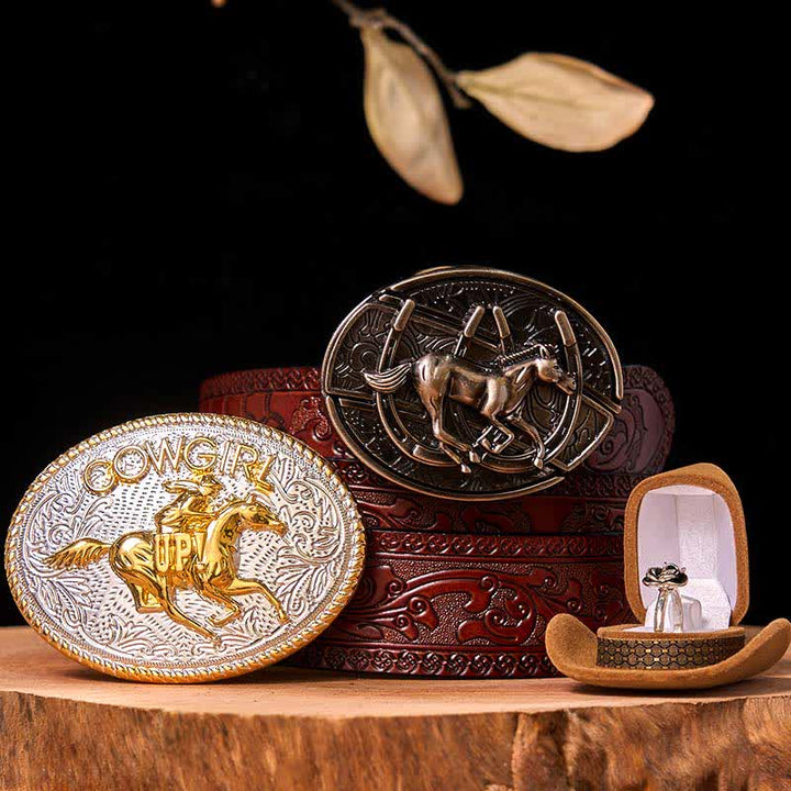 Cowgirl DIY Running Horse Hidden Knife Belt Buckle Twist Rose Ring Bundle Set - Running Horse - Brown Carved Belt - 42 - image 8