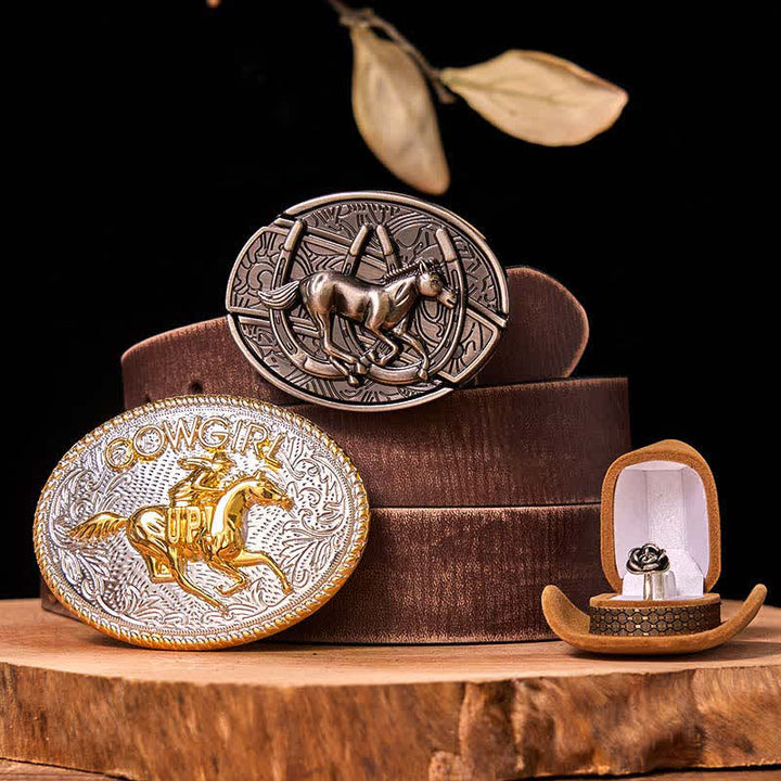 Cowgirl DIY Running Horse Hidden Knife Belt Buckle Twist Rose Ring Bundle Set - Running Horse - Brown Distressed Belt - 42 - image 7