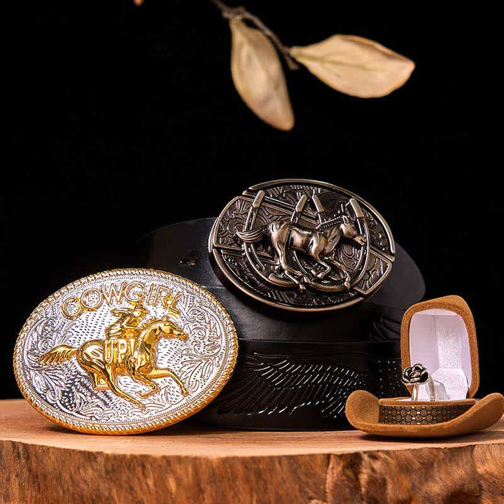 Cowgirl DIY Running Horse Hidden Knife Belt Buckle Twist Rose Ring Bundle Set - Running Horse - Black Embossed Eagle Belt - 42 - image 4