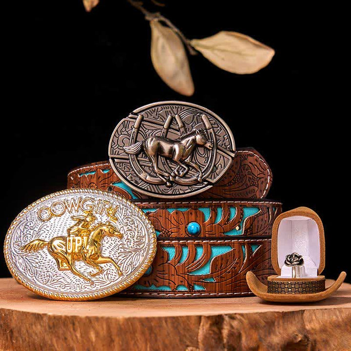 Cowgirl DIY Running Horse Hidden Knife Belt Buckle Twist Rose Ring Bundle Set - Running Horse - Turquoise Carved Belt - 42 - image 5