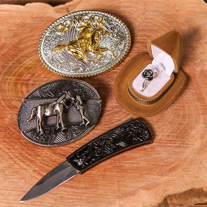 DIY Western Cowgirl Hidden Knife Belt Buckle Twist Rose Ring Bundle Set - image 2