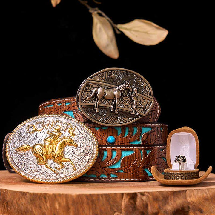 DIY Western Cowgirl Hidden Knife Belt Buckle Twist Rose Ring Bundle Set - Running Horse - Turquoise Carved Belt - 42 - image 5