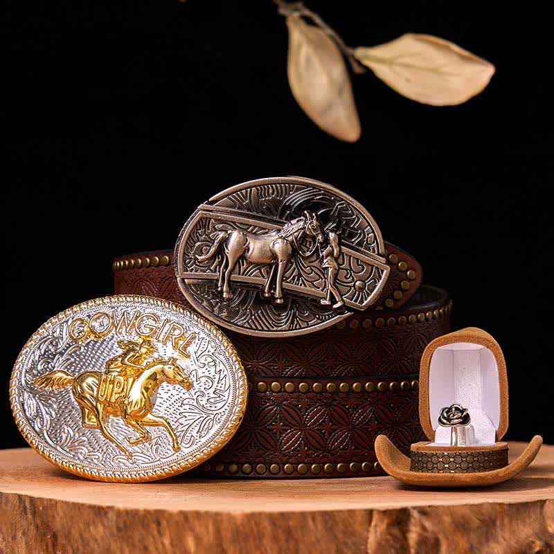 DIY Western Cowgirl Hidden Knife Belt Buckle Twist Rose Ring Bundle Set - Running Horse - Brown Rivet Belt - 42 - image 6