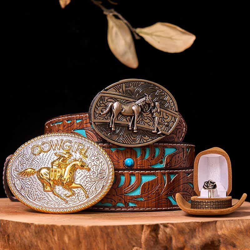 DIY Western Cowgirl Hidden Knife Belt Buckle Twist Rose Ring Bundle Set - Running Horse - Turquoise Carved Belt - 42 - image 5