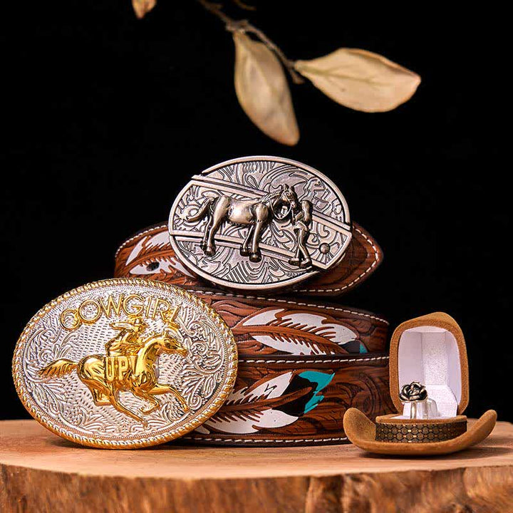 DIY Western Cowgirl Hidden Knife Belt Buckle Twist Rose Ring Bundle Set - Running Horse - Brown Feather Belt - 40 - image 0