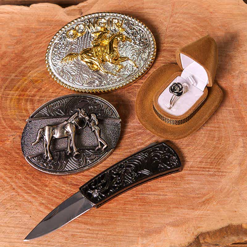 DIY Western Cowgirl Hidden Knife Belt Buckle Twist Rose Ring Bundle Set - image 2