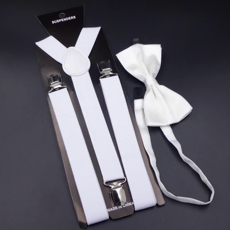 2Pcs Solid Color Bow Tie 3-Clips Adjustable Suspenders Set - White - image 6