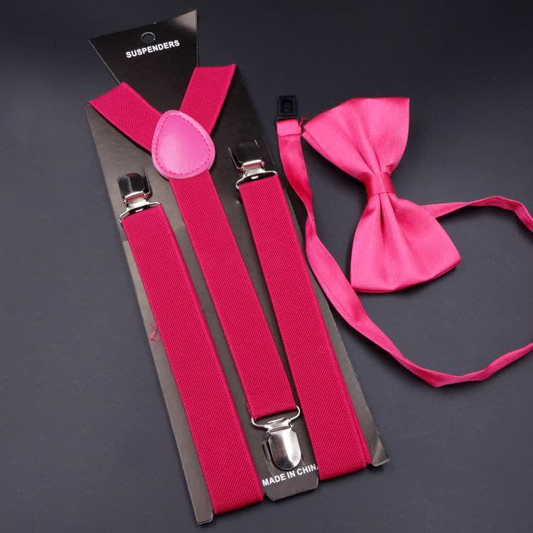 2Pcs Solid Color Bow Tie 3-Clips Adjustable Suspenders Set - Hot Pink - image 11