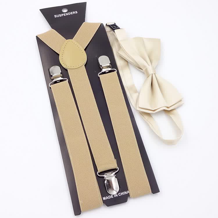 2Pcs Solid Color Bow Tie 3-Clips Adjustable Suspenders Set - Khaki - image 5