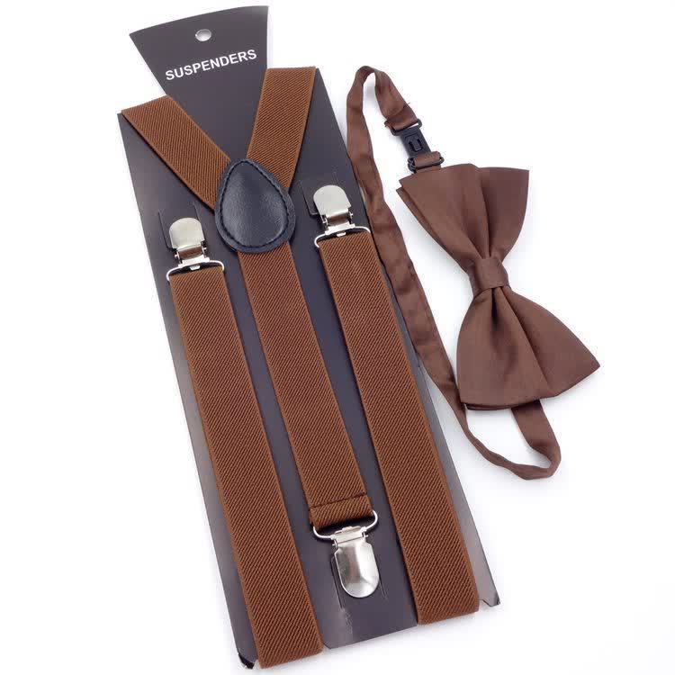 2Pcs Solid Color Bow Tie 3-Clips Adjustable Suspenders Set - Coffee - image 8