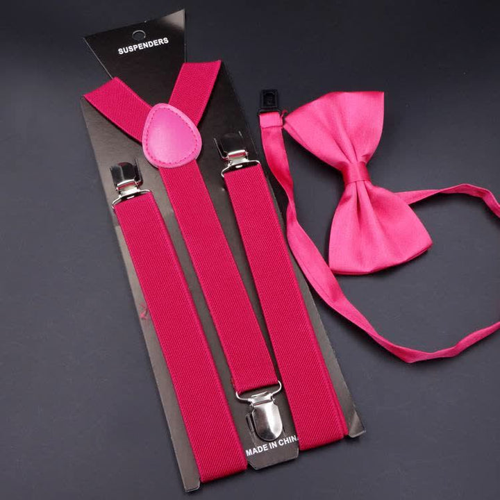 2Pcs Solid Color Bow Tie 3-Clips Adjustable Suspenders Set - Hot Pink - image 11